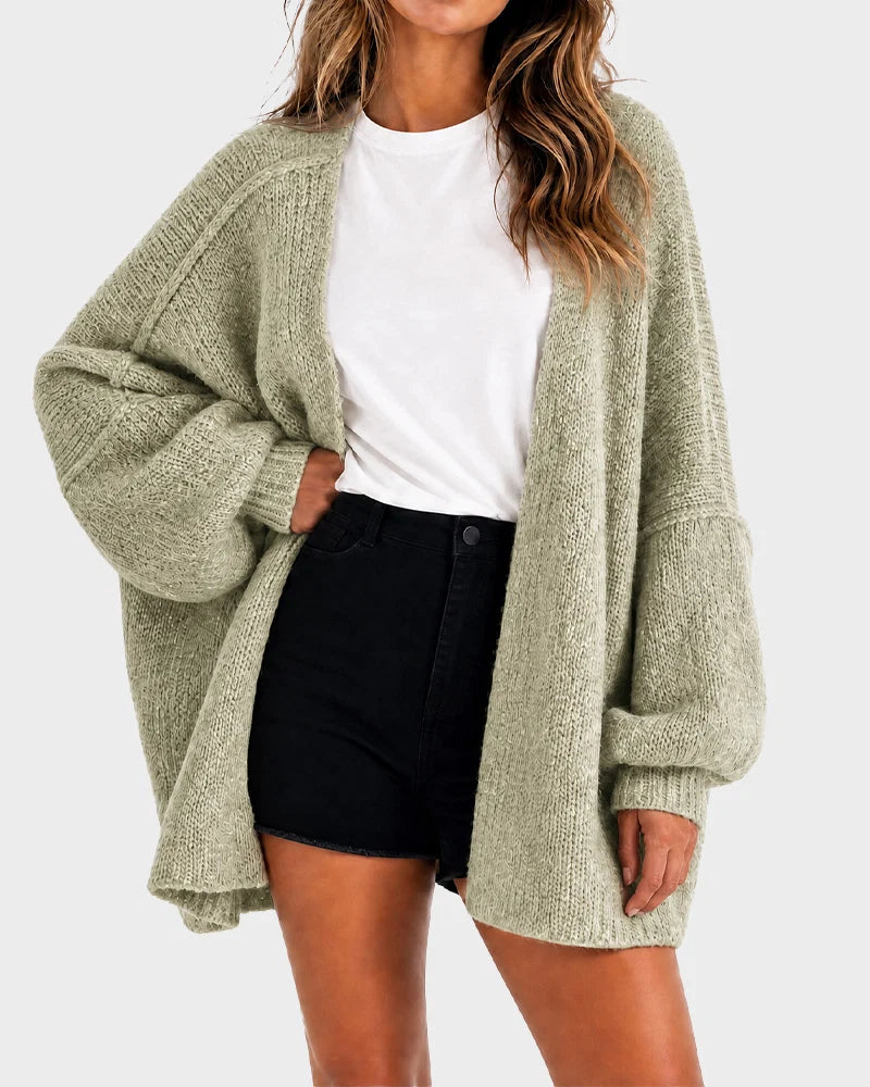 Oversized Lantern Sleeve Open Front Knit Cardigan