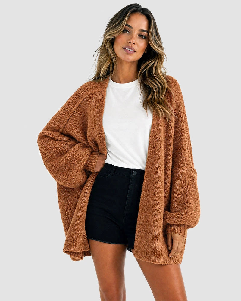 Oversized Lantern Sleeve Open Front Knit Cardigan