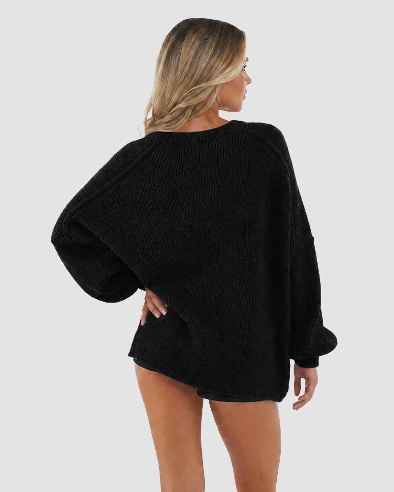 Oversized Lantern Sleeve Open Front Knit Cardigan