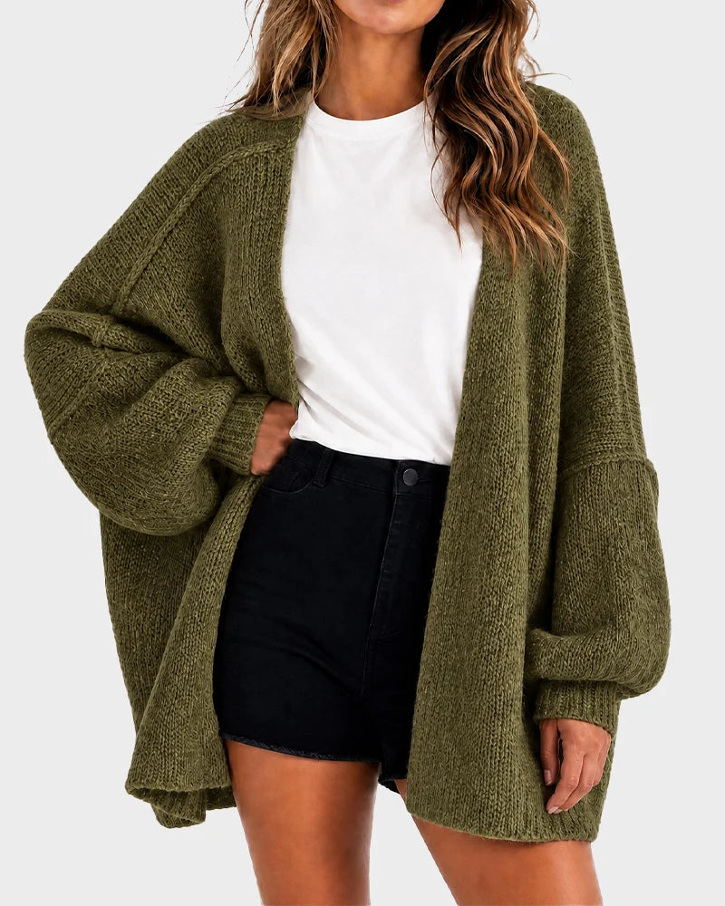 Oversized Lantern Sleeve Open Front Knit Cardigan