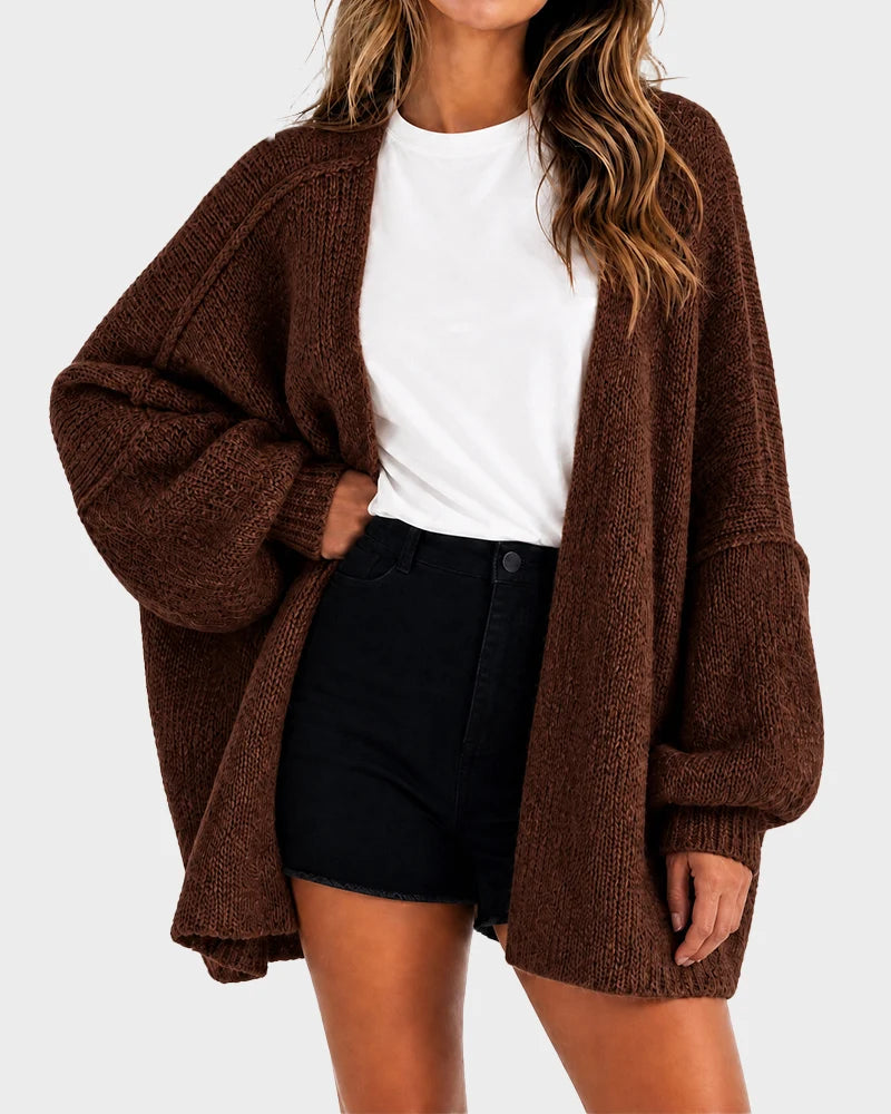 Oversized Lantern Sleeve Open Front Knit Cardigan