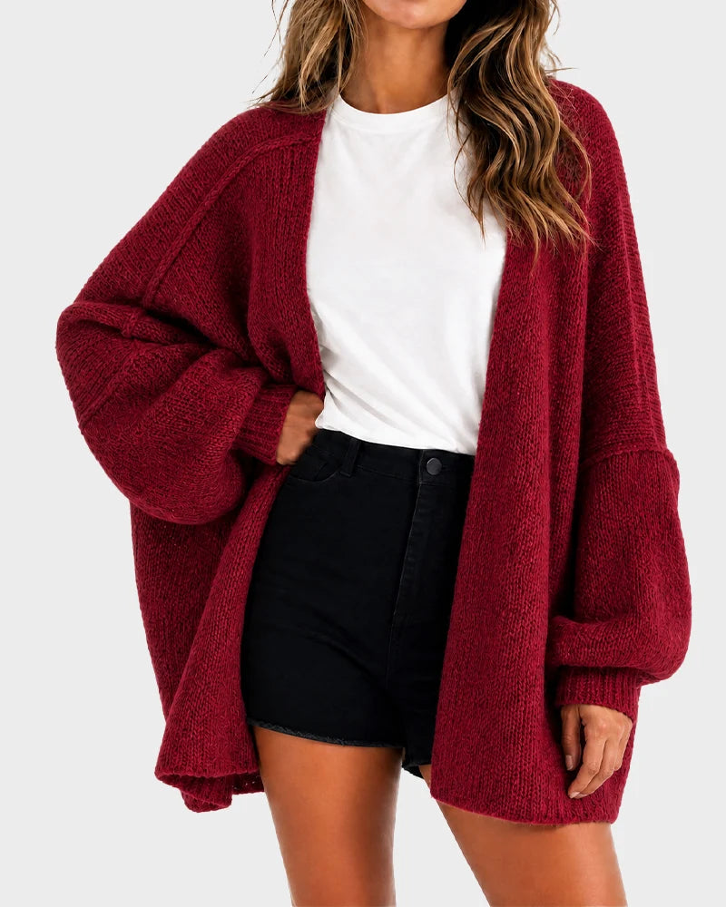 Oversized Lantern Sleeve Open Front Knit Cardigan